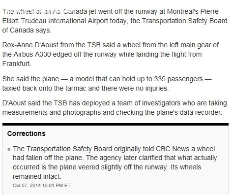 《加拿大航空客机降落时偏出跑道　机轮未脱落》