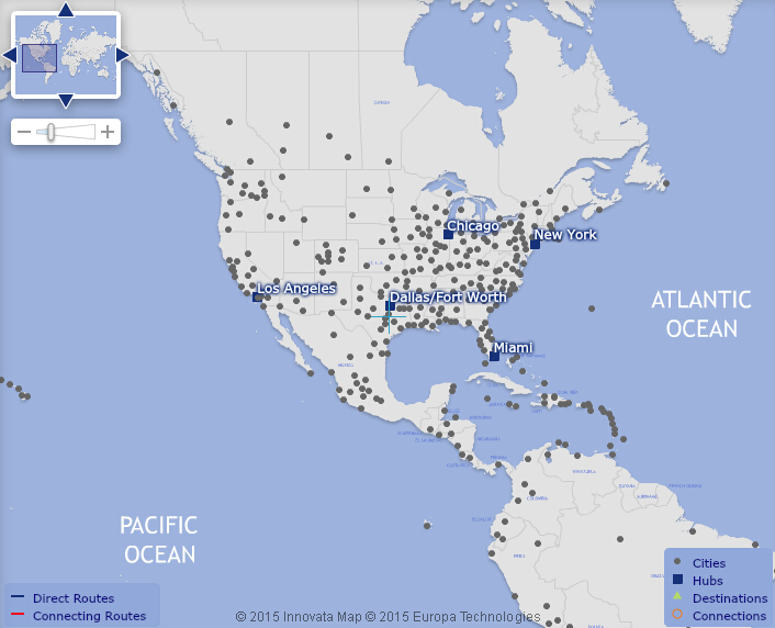 《美国航空(AA)航空枢纽地图》