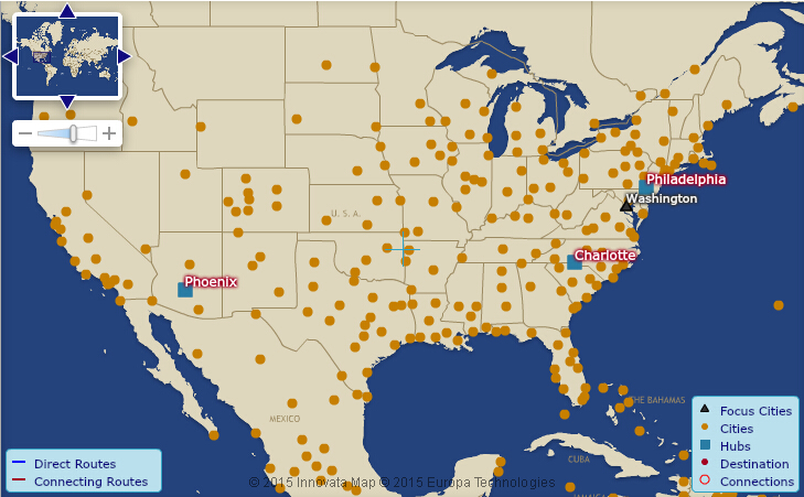 《全美航空(US)航空枢纽地图》