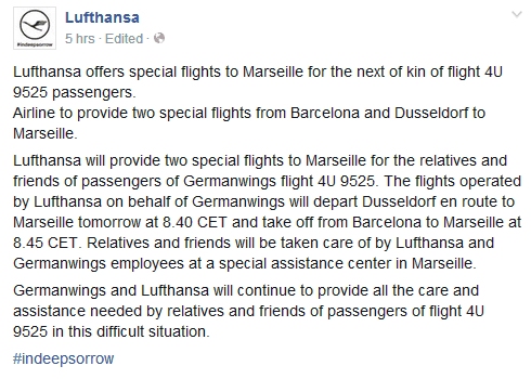 《汉莎：将安排特别航班运送乘客亲属前往马赛》