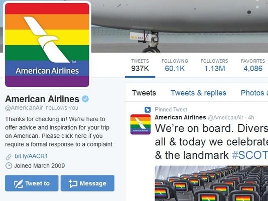 《美国各航空公司纷纷为同性婚姻合法裁决点赞》