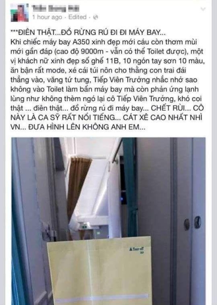 越南女歌手飞机上让儿子用呕吐袋小便惹众怒